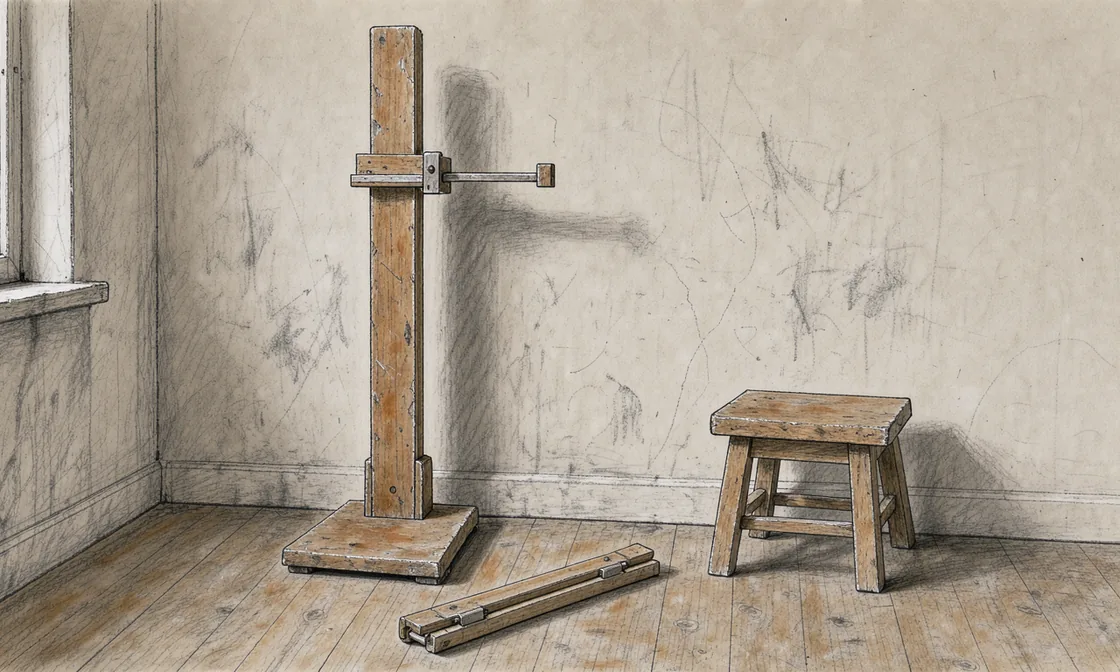 A wooden height-measuring board with a sliding headpiece and a plain stool beside an oatmeal wall