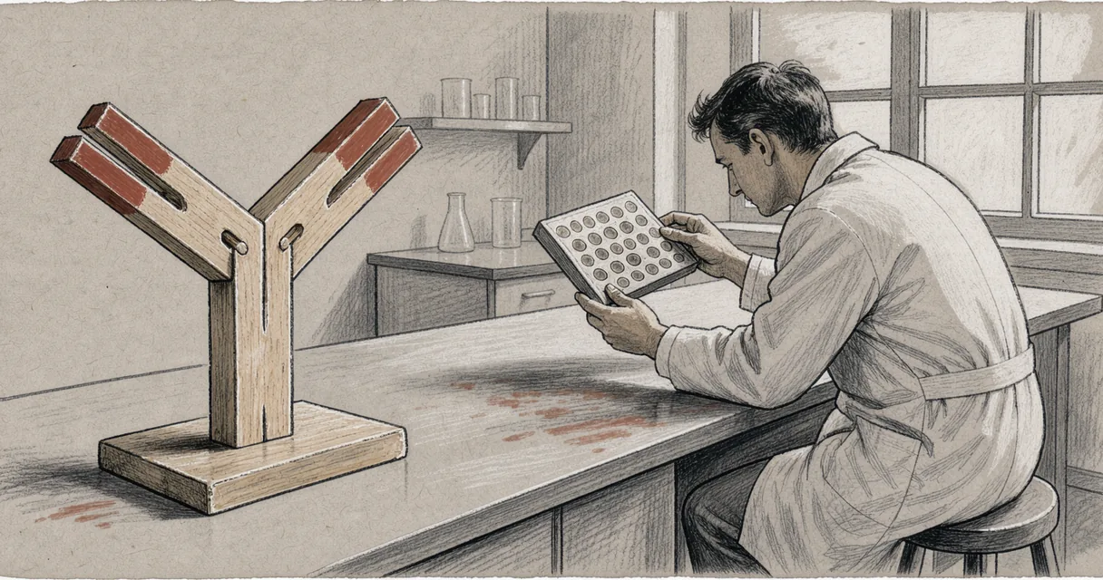 Editorial illustration of an adult examining an assay plate beside a wooden antibody teaching model at a laboratory bench
