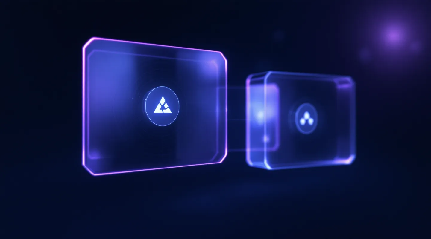 Three depth-layered frosted-glass infographic panels with lavender and hot-pink edge glows connected by thin lavender connector hairlines on a deep-navy ground with ambient color blooms