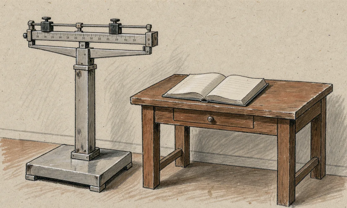 An old mechanical platform scale beside a plain record book on a research-room desk